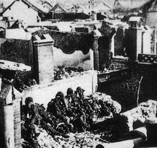 1941年1月底，日军对丰润县潘家峪村进行疯狂报复屠杀，1050名群众蒙难。这是被日军烧毁的潘家峪潘家大院